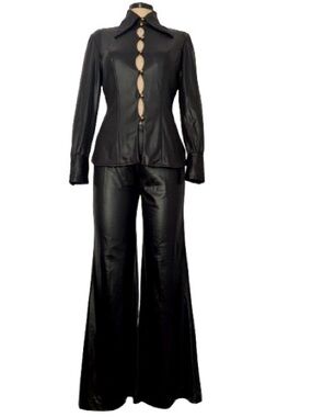 Vintage 70s Eros Black Disco Keyhole Dagger Button Up Bell Bottoms Pantsuit Set